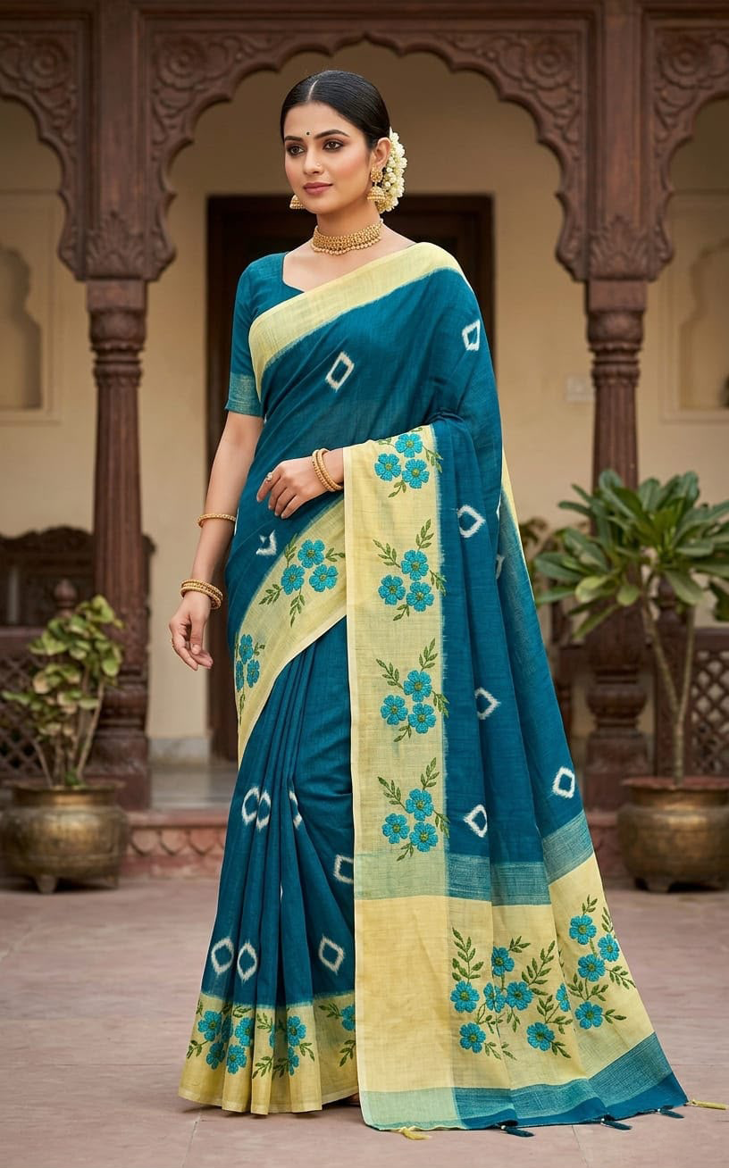 Peacock Blue Pastel Sun Yellow Teal with Olive Green centers and leaves Motifs