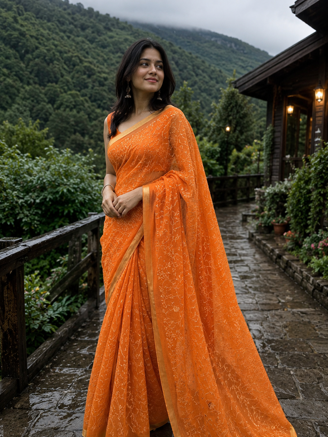 Saffron Glow Floral Vine Embroidery Handcrafted Floral Jaal Saree