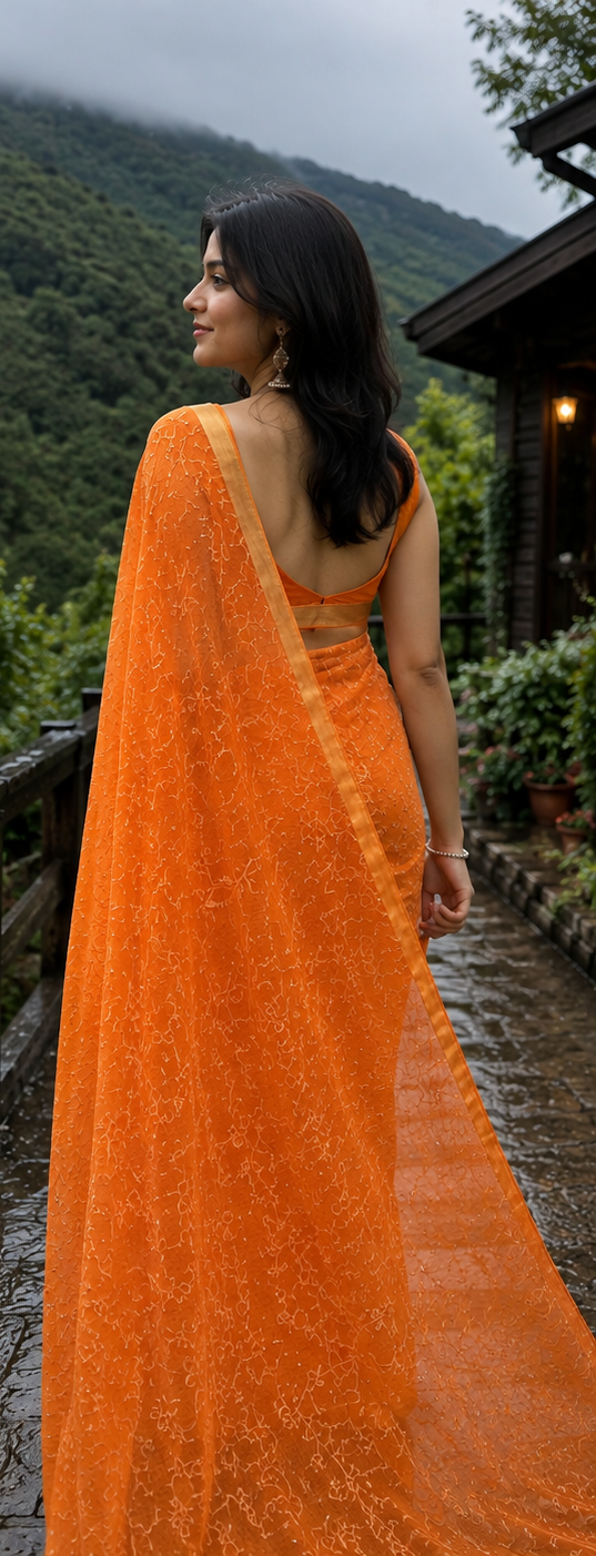 Saffron Glow Floral Vine Embroidery Handcrafted Floral Jaal Saree