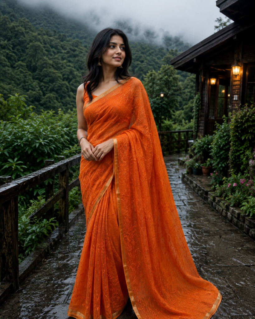 Royal Burnt Orange Floral Embroidery Golden Zari Border