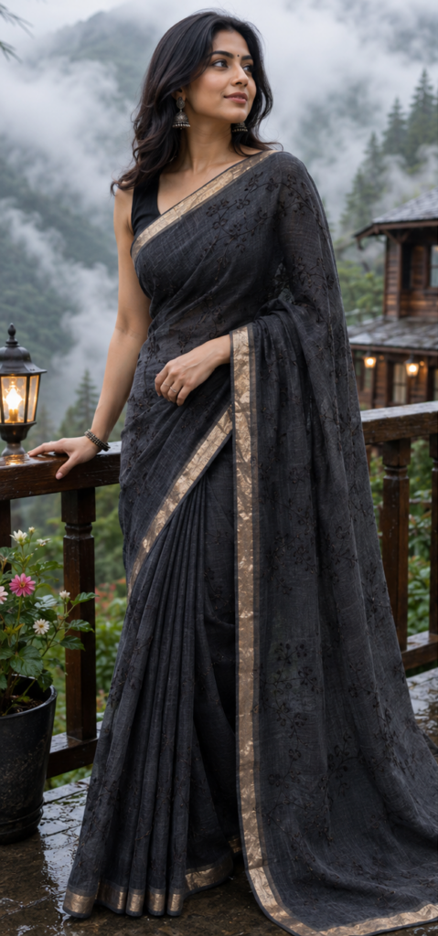 Classic Midnight Black Floral Creeper Embroidery Zari Border