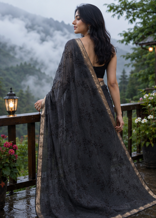Classic Midnight Black Floral Creeper Embroidery Zari Border