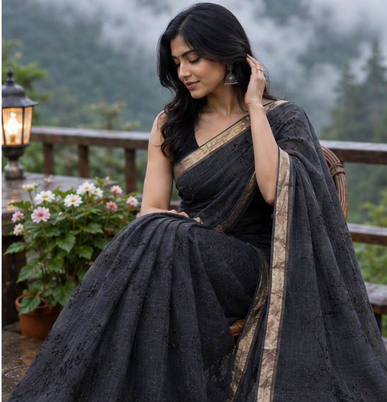 Classic Midnight Black Floral Creeper Embroidery Zari Border