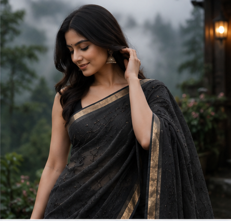 Classic Midnight Black Floral Creeper Embroidery Zari Border