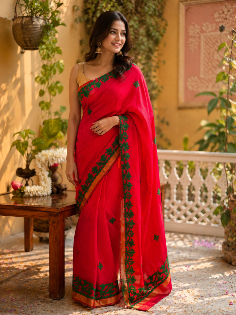 Scarlet Red Scattered Geometric Star Embroidery Buttis