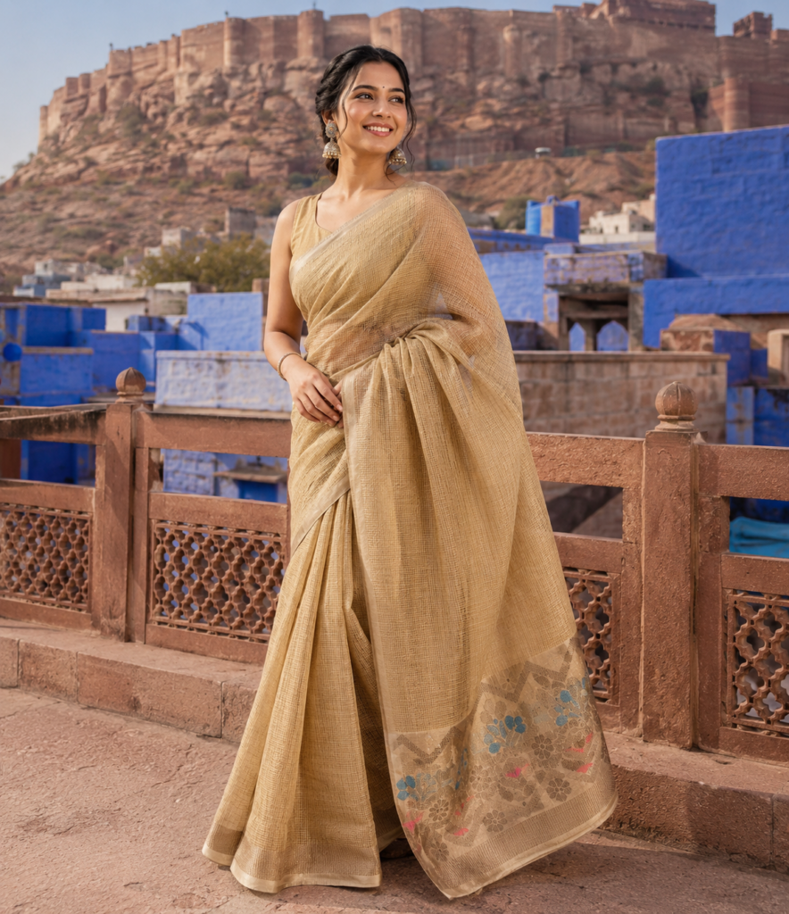 Champagne Gold Jamdani Motif & Meenakari-Style Floral Motifs