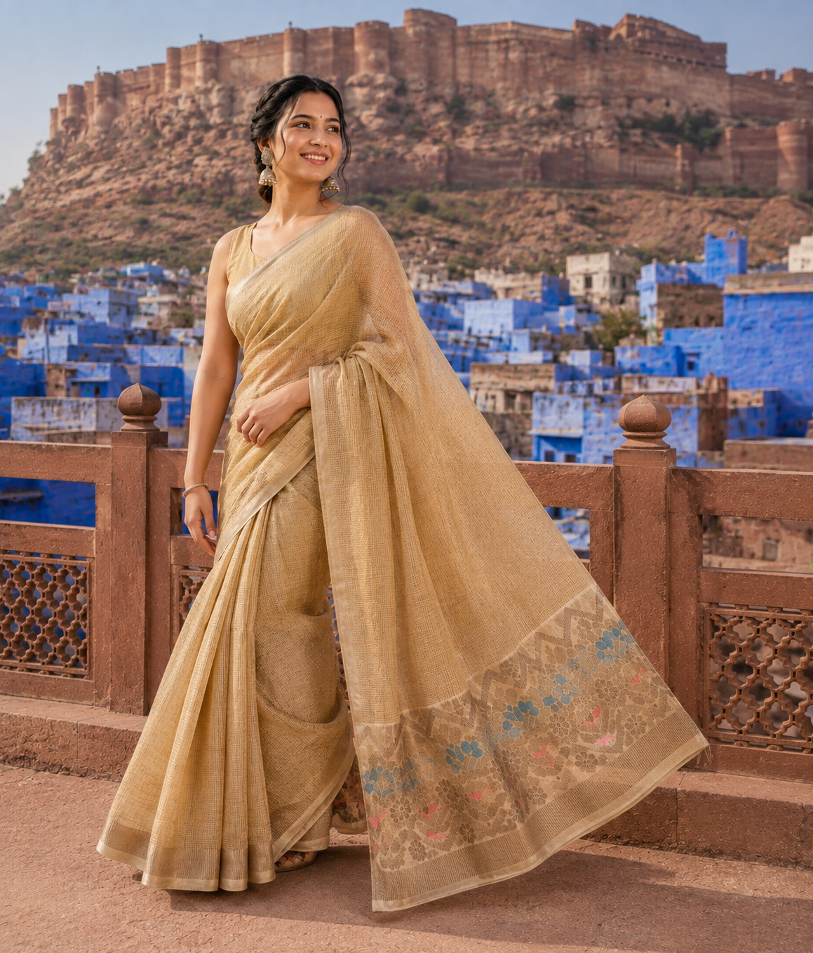 Champagne Gold Jamdani Motif & Meenakari-Style Floral Motifs