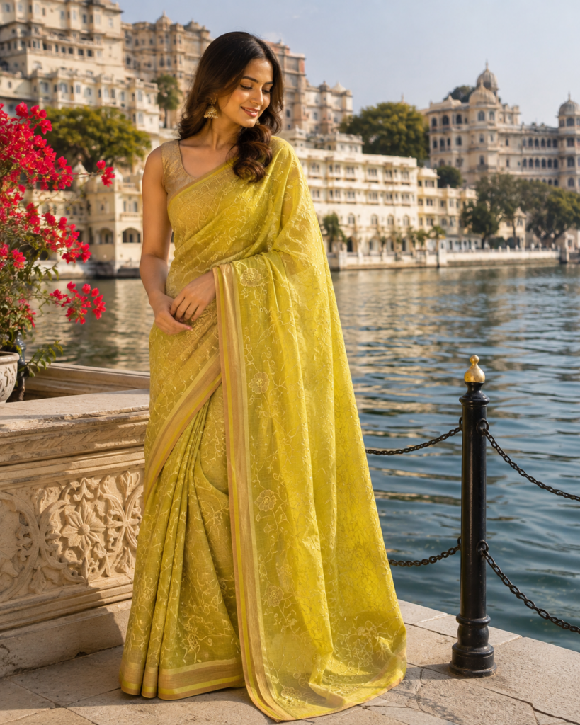 Soft Pastel Yellow-Green (Pistachio) Floral Creeper Embroidery