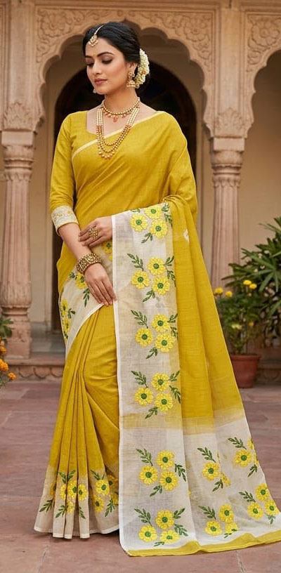 Sunflower Yellow Floral Embroidery in Golden Yellow and Green Hues