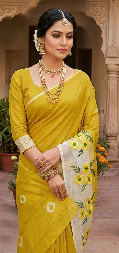 Sunflower Yellow Floral Embroidery in Golden Yellow and Green Hues