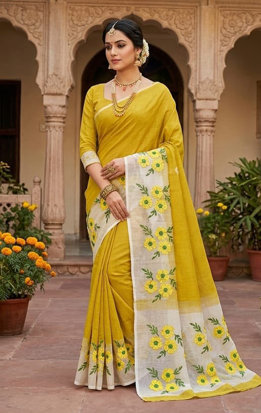 Sunflower Yellow Floral Embroidery in Golden Yellow and Green Hues
