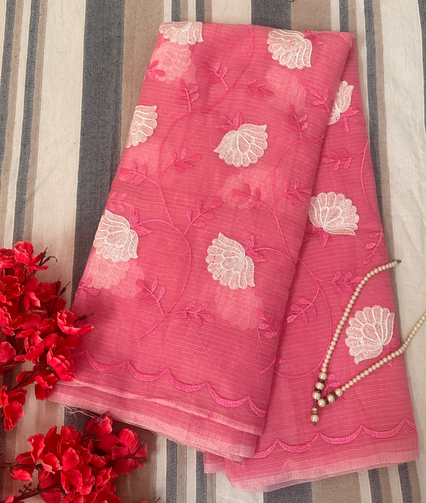 Blush Rose Pink Floral Embroidery and a graceful Scalloped Border