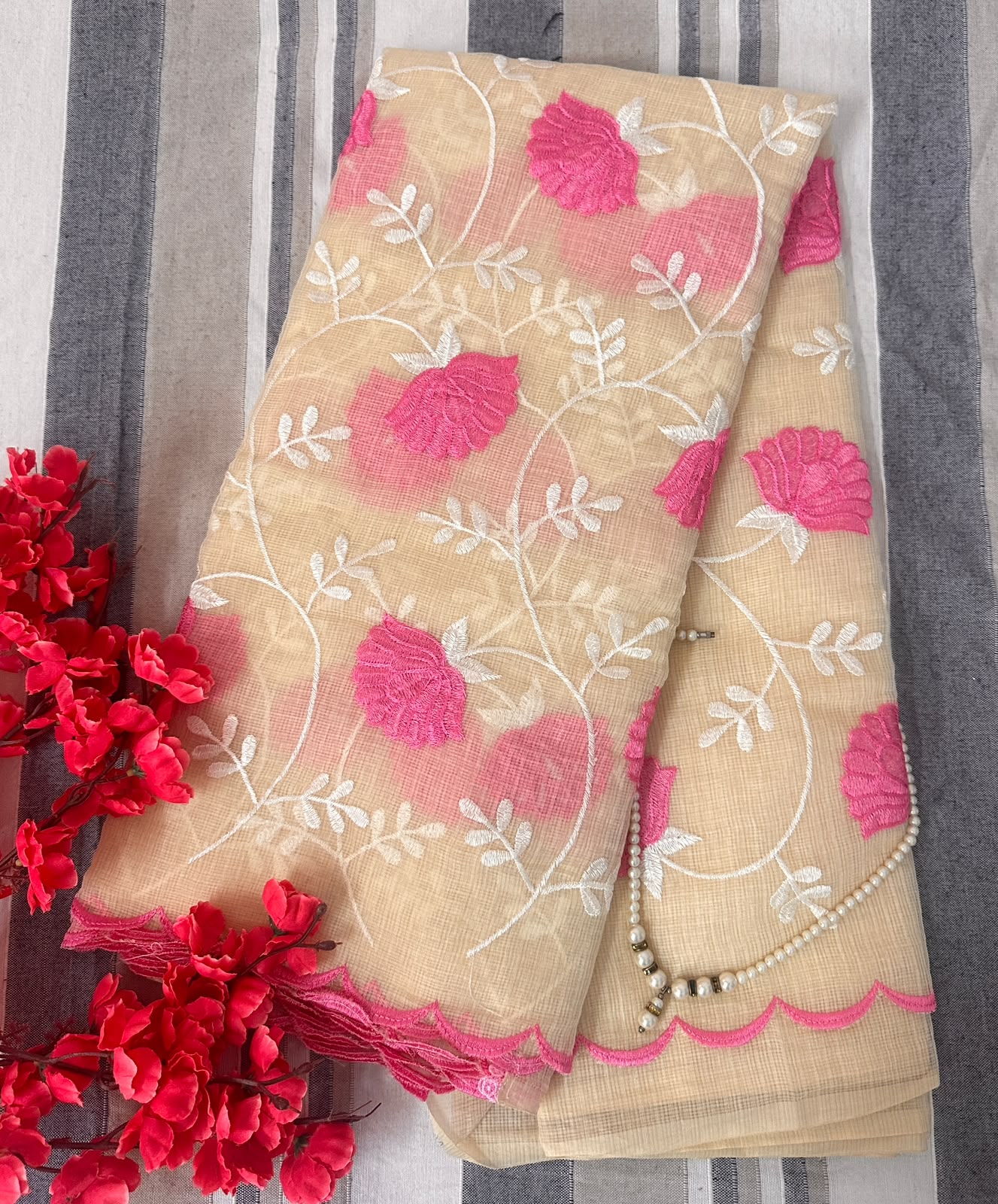 Champagne Beige Fuchsia Pink Floral Embroidery