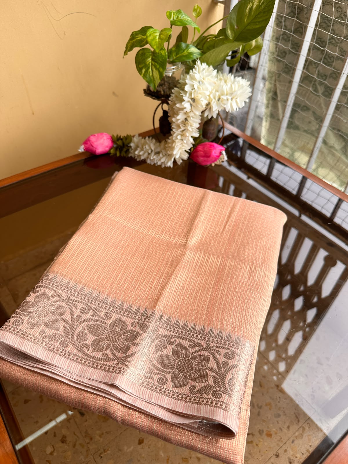 Soft Peach Floral Woven Zari Border