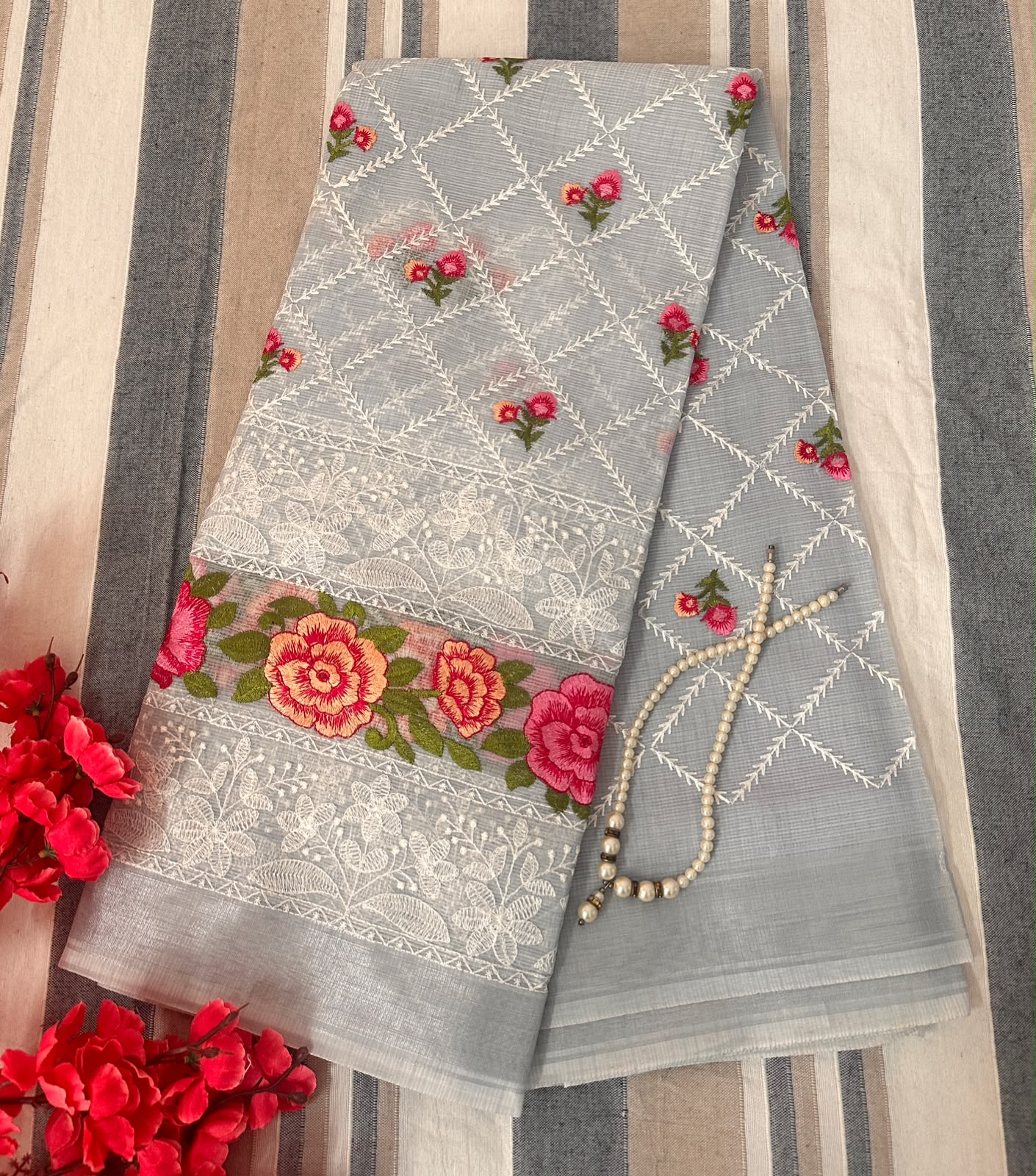 Pearl Silver Grey Floral Embroidery Vibrant Rose Motifs
