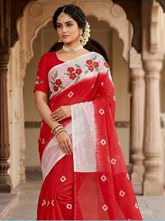 Crimson Red Ivory White pallu Floral Embroidery
