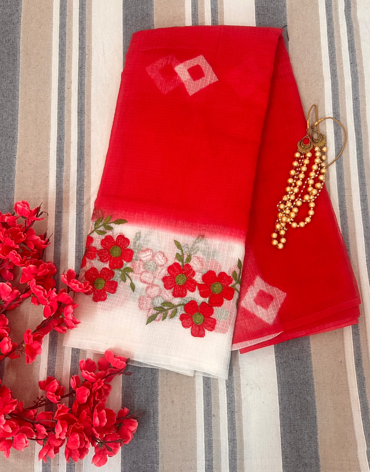 Crimson Red Ivory White pallu Floral Embroidery