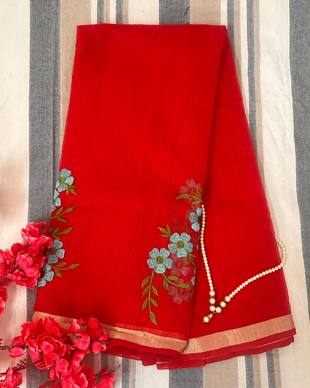 Royal Crimson Red Delicate Floral Embroidery
