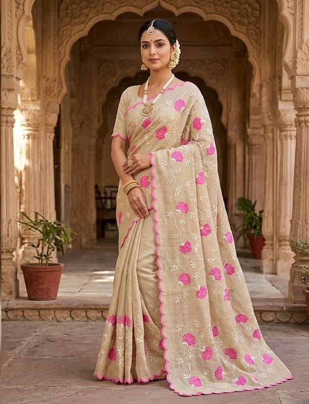 Champagne Beige Fuchsia Pink Floral Embroidery