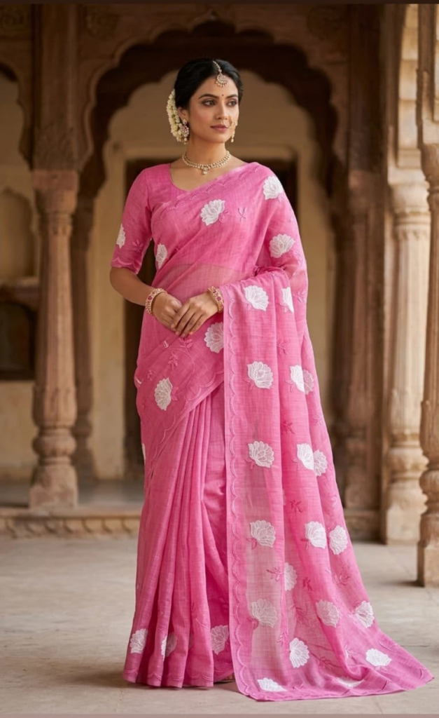 Blush Rose Pink Floral Embroidery and a graceful Scalloped Border