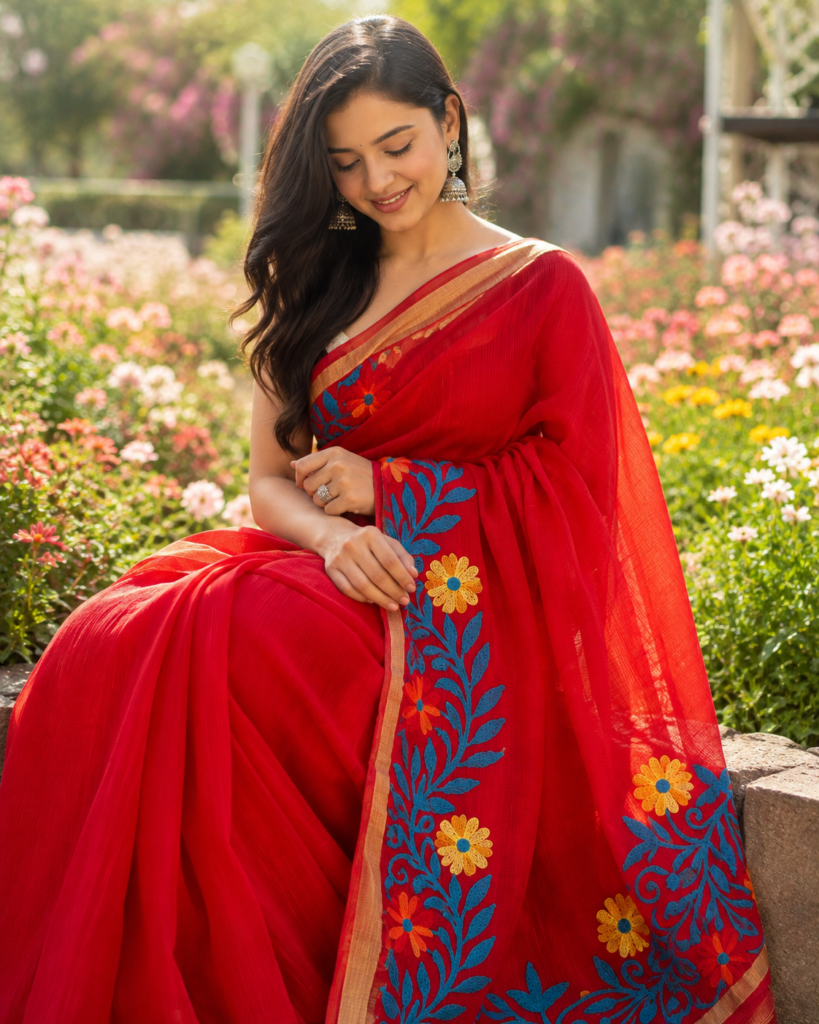 Ruby Red Floral Embroidery Shimmering Golden Zari Border with Blouse Piece