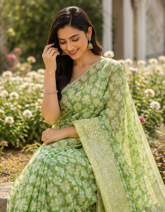 Meadow Green Floral Prints white Embroidery, and Silver Zari Border