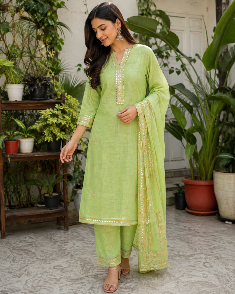 Pistachio Lime Green 3 Piece Cotton Suit Set Mirror work, and Delicate Golden Embroidery
