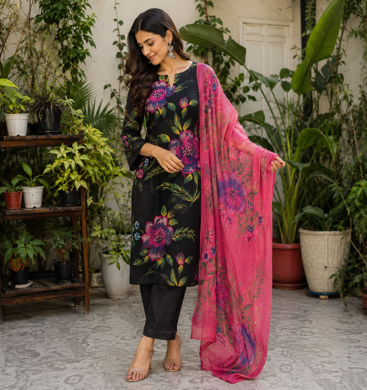 Charcoal Black & Fuchsia Pink 3 Piece Cotton Suit Set