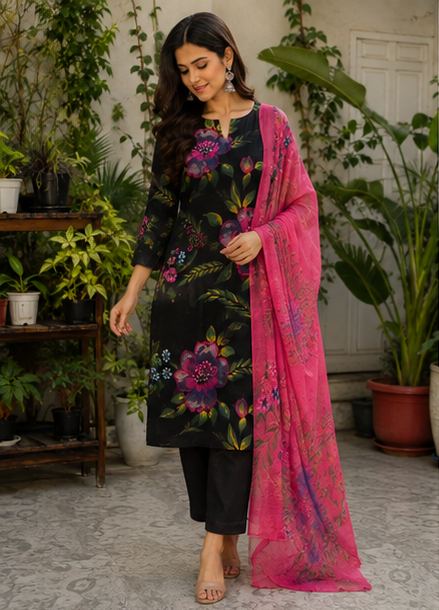 Charcoal Black & Fuchsia Pink 3 Piece Cotton Suit Set