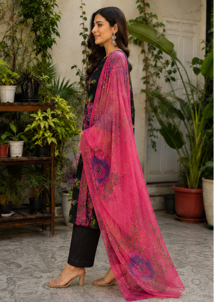 Charcoal Black & Fuchsia Pink 3 Piece Cotton Suit Set