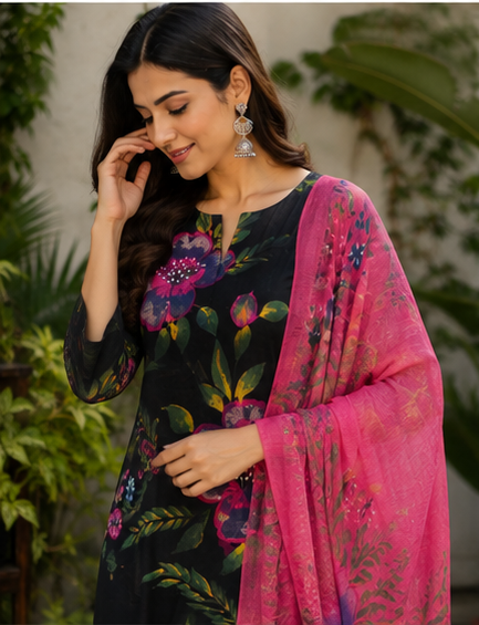 Charcoal Black & Fuchsia Pink 3 Piece Cotton Suit Set