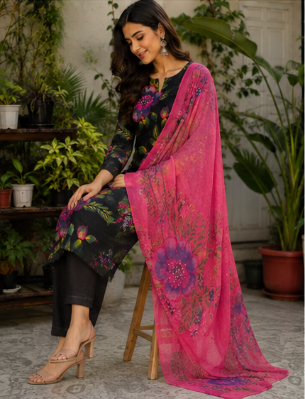 Charcoal Black & Fuchsia Pink 3 Piece Cotton Suit Set