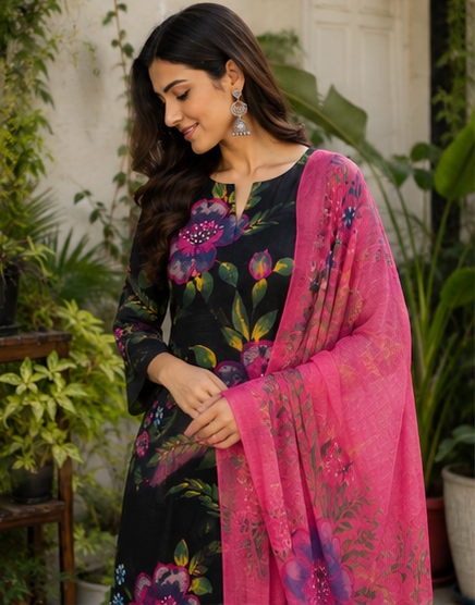 Charcoal Black & Fuchsia Pink 3 Piece Cotton Suit Set