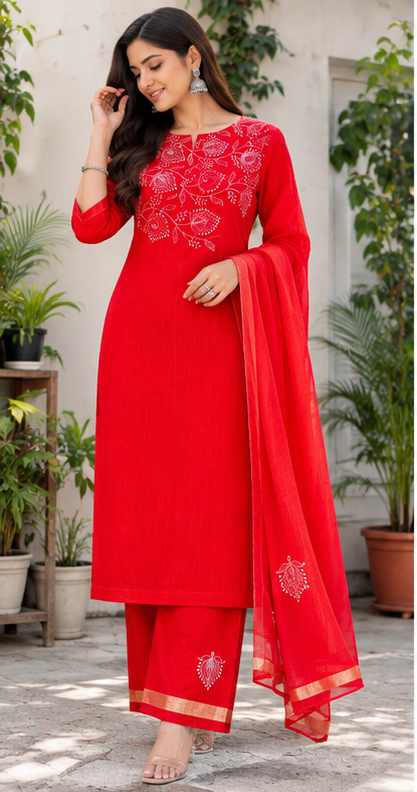 Royal Crimson Red 2 Piece Cotton Suit Set White Floral Embroidery Delicate Wine Motifs