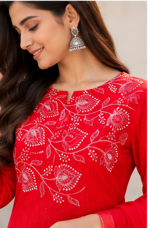 Royal Crimson Red 2 Piece Cotton Suit Set White Floral Embroidery Delicate Wine Motifs