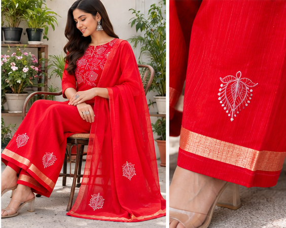 Royal Crimson Red 2 Piece Cotton Suit Set White Floral Embroidery Delicate Wine Motifs