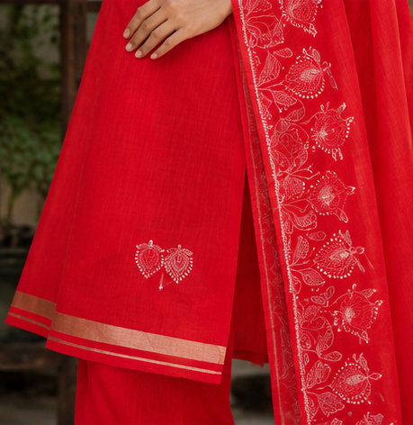 Royal Crimson Red 2 Piece Cotton Suit Set White Floral Embroidery Delicate Wine Motifs