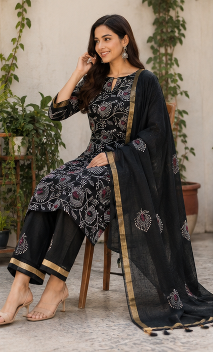 Classic Midnight Black 3 Piece Cotton Suit Set