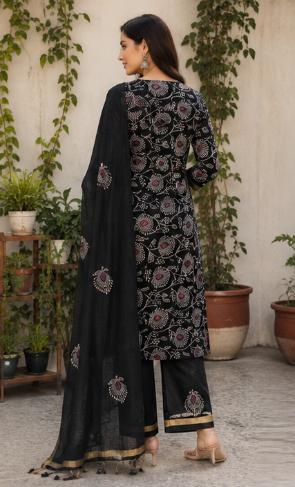 Classic Midnight Black 3 Piece Cotton Suit Set