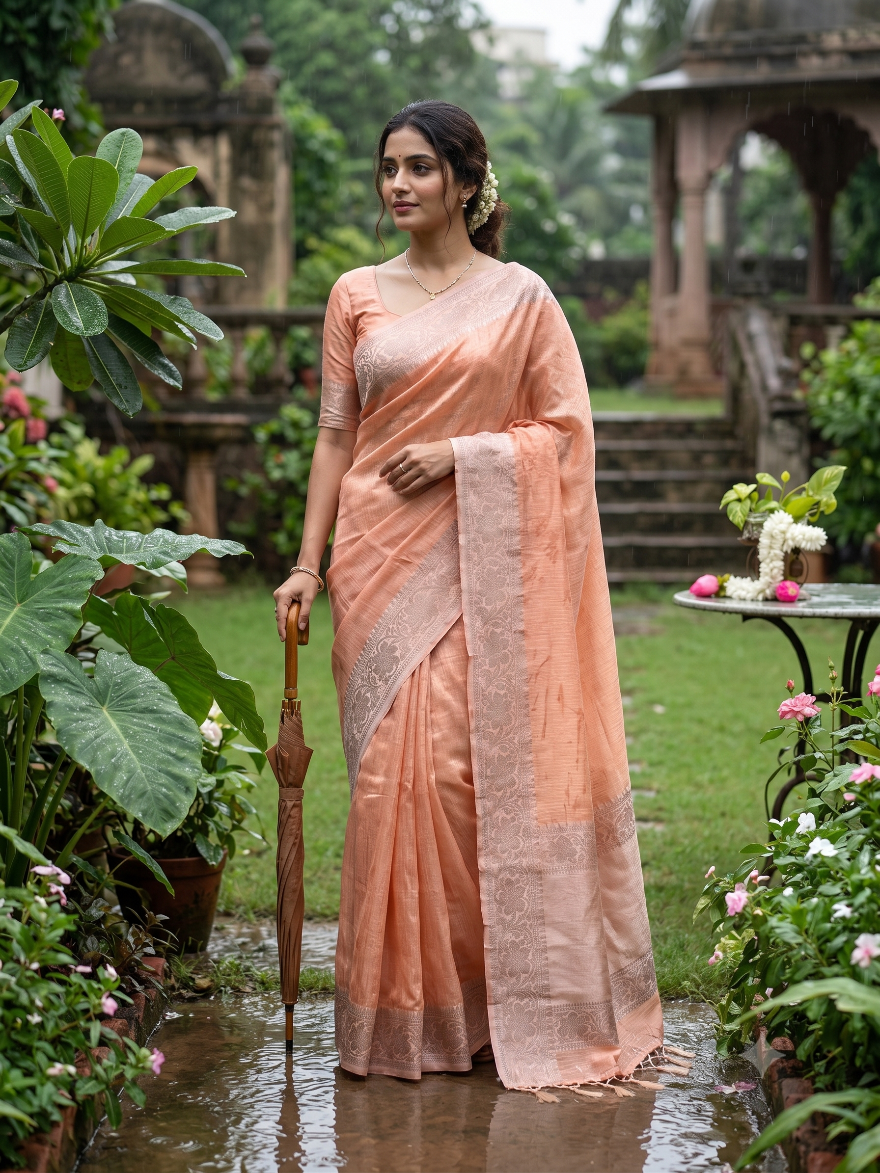 Soft Peach Floral Woven Zari Border