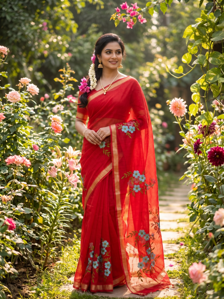 Royal Crimson Red Delicate Floral Embroidery