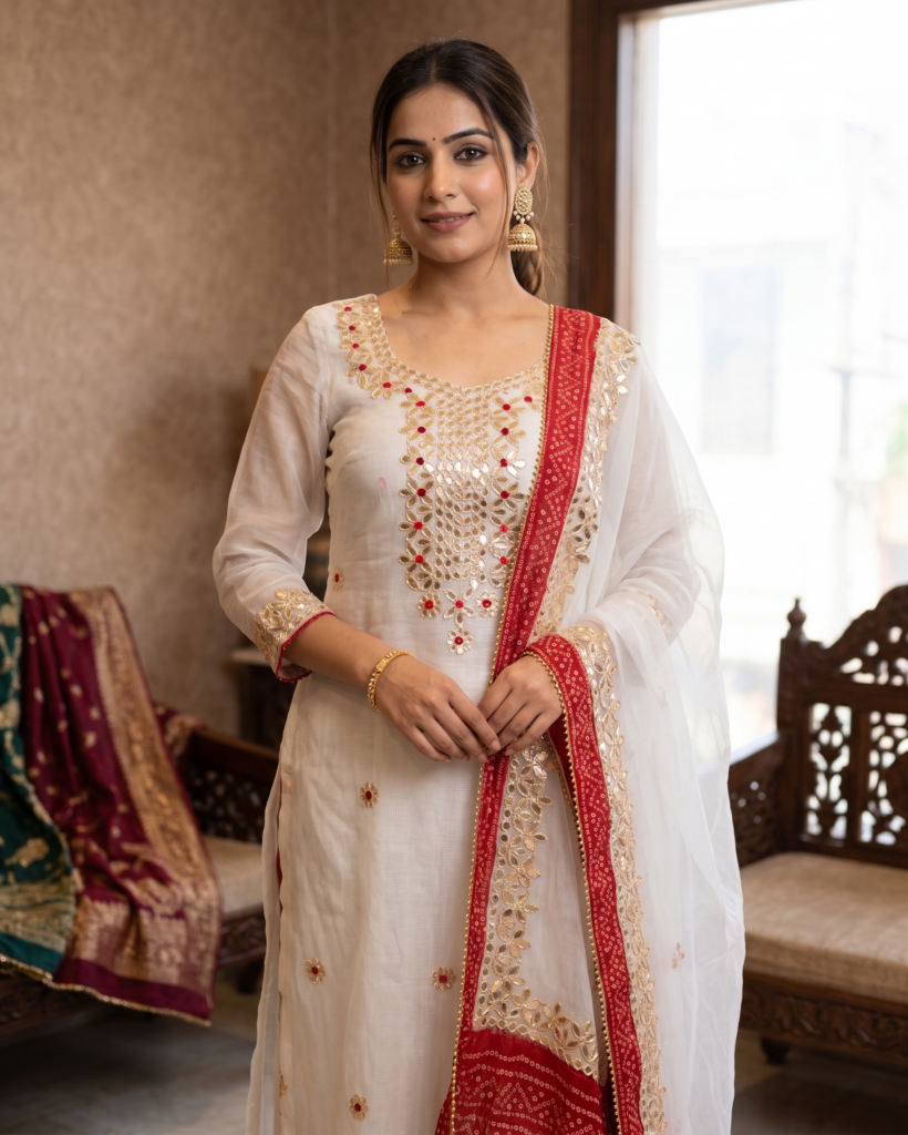 White & Red 3 Piece Cotton Suit Set Golden Lace Embroidery and Delicate Red Bead