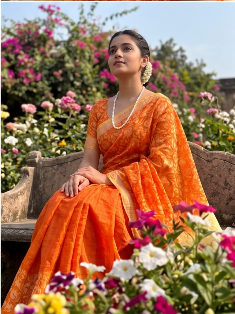 Sunset Orange Embroidered Floral Border Silver Zari Finish