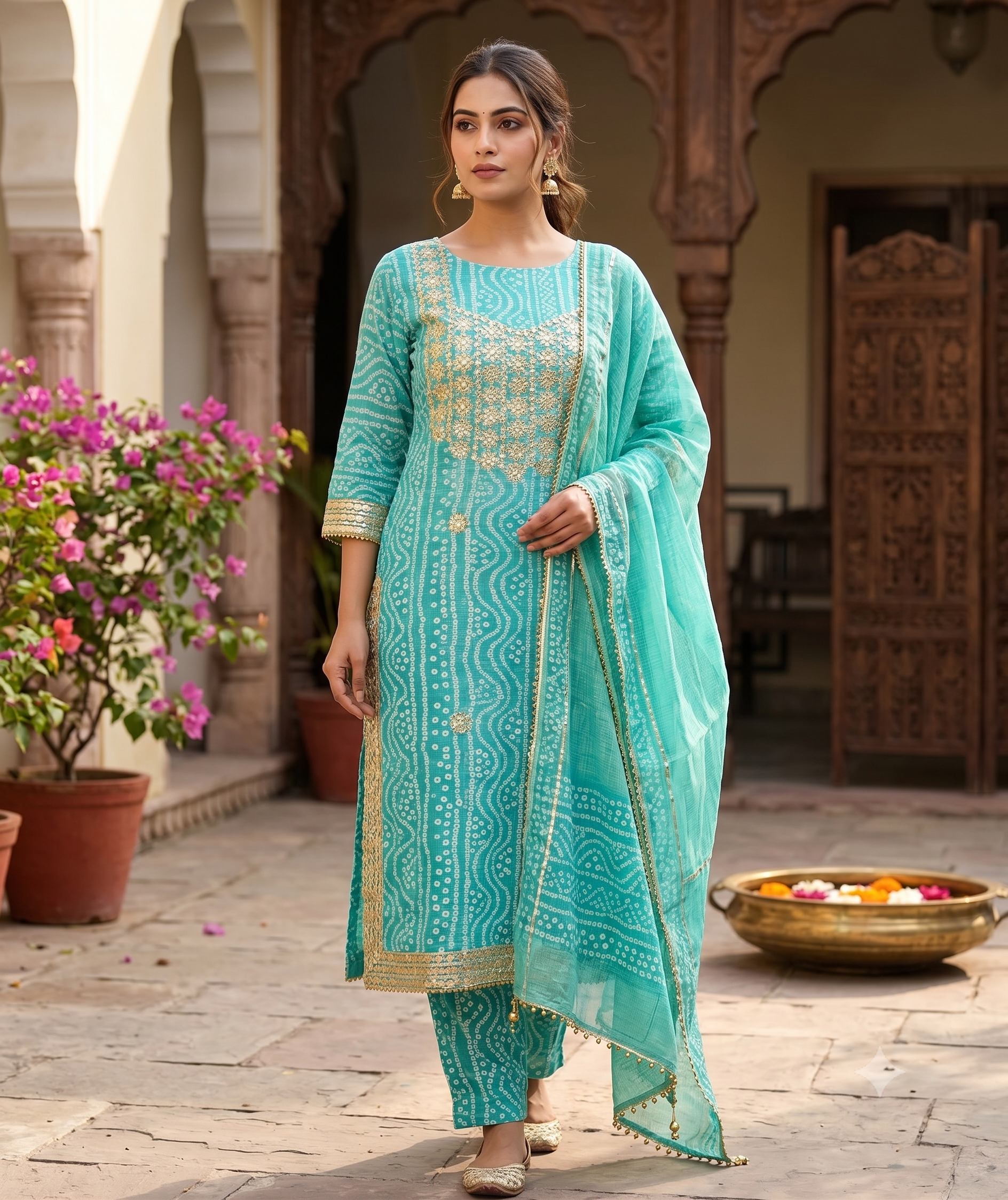 Aqua Mint Green Cotton Suit Set Bandhani Embroidery in Soft Golden Beige