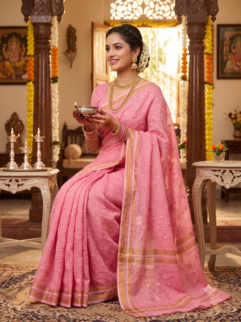 Blush Coral Pink Floral Vine Embroidery Golden Zari Border