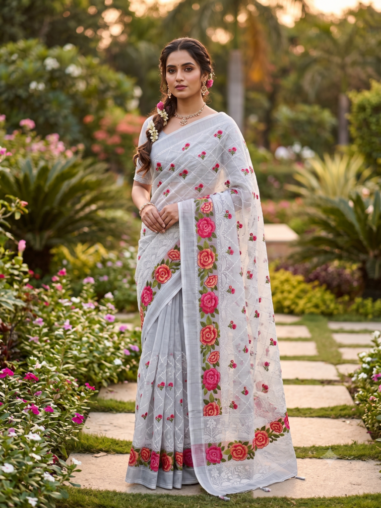 Pearl Silver Grey Floral Embroidery Vibrant Rose Motifs