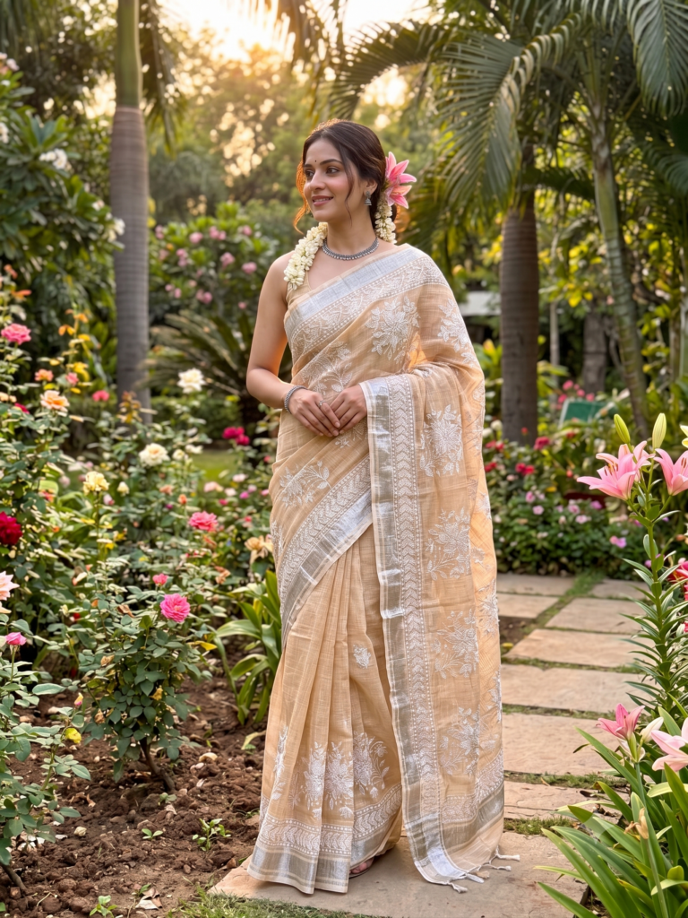 Champagne Beige Floral Thread Embrodiery with silver zari border