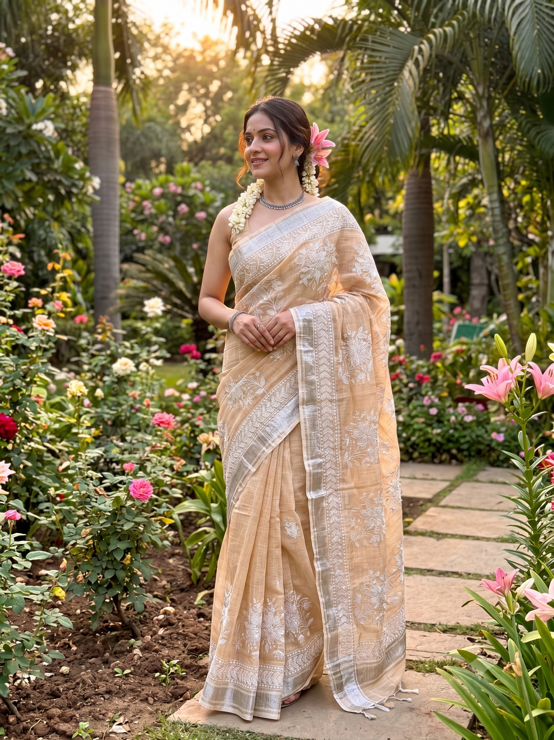 Champagne Beige Floral Thread Embrodiery with silver zari border