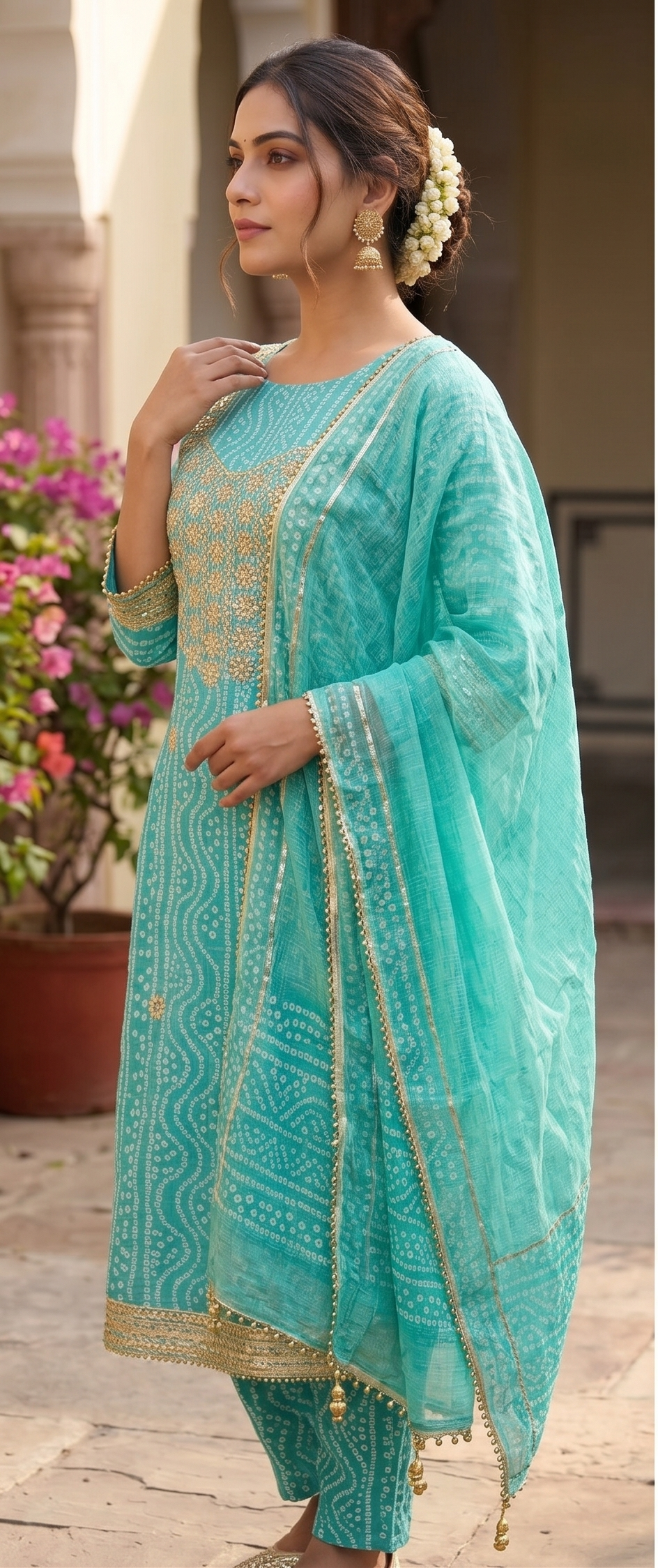 Aqua Mint Green Cotton Suit Set Bandhani Embroidery in Soft Golden Beige