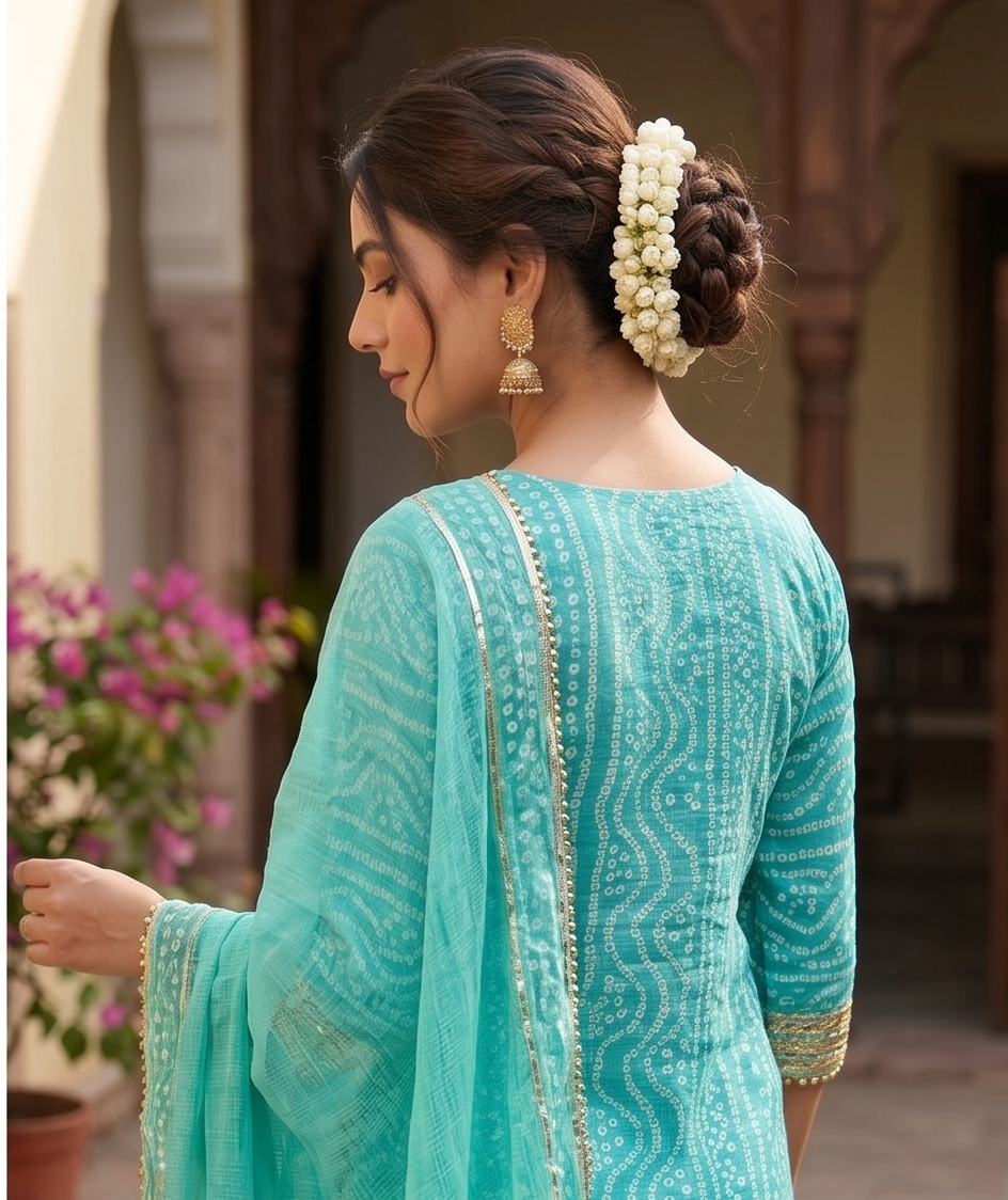 Aqua Mint Green Cotton Suit Set Bandhani Embroidery in Soft Golden Beige